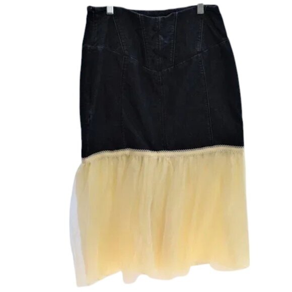 Vintage Upcycle Blue Jean & Tulle Ruffle Skirt Sequin Flower Embellished - Picture 7 of 7